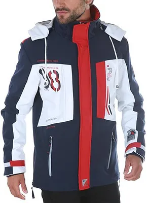 Productafbeelding van Nieuwe, hoogwaardige softshelljas met capuchon, model CARISMA, in de kleuren marineblauw/rood/wit, maat L