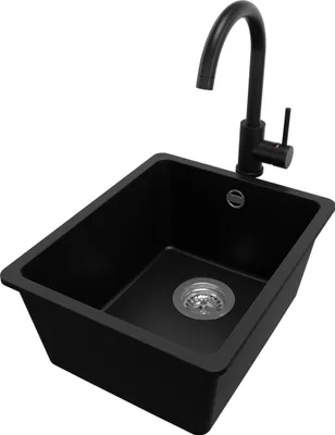 Produktbild von PRIMAGRAN Granitspüle Schwarz 36x44cm, Spülbecken 1 Becken + Küchenarmatur 32x20cm + Ablauf-Set, Küchenspüle ab 40er Unterschrank - Venedig Slim Easy