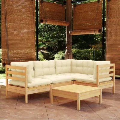 Produktbild von [Home] 5-tlg. Garten-Lounge-Set mit Creme Kissen Kiefernholz , Neue Mode 2024 im häuslichen Leben
