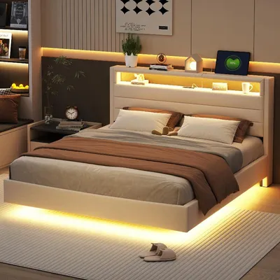 Productafbeelding van Boxspringbed 160x200 cm met USB-aansluiting en LED-verlichting, verstelbaar hoofdeinde met opbergruimte, linnenstof in beige kleur, geschikt voor de slaapkamer
