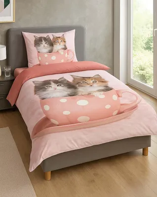 Produktbild von Kinder Bettwäsche 135x200 2 tlg. mit Reißverschluss Bettgarnitur Mädchen Katzen Katzenbabys