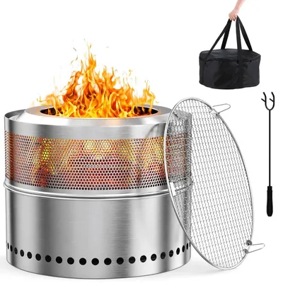 Immagine prodotto di Braciere – Braciere senza fumo, diametro 50 cm – Acciaio inossidabile – Griglia – Contenitore per la cenere estraibile – Borsa per il trasporto – Portatile – Argento