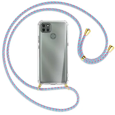 Produktbild von Handykette Backcover-Schutzhülle mit Band (Metall goldfarben) für Motorola Moto G9 Power - pink/mint