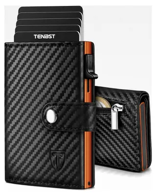 Produktbild von Herren Geldbörse mit Münzfach und RFID-Schutz, Slim Wallet Kartenetui, kleines Portemonnaie für Herren, 10 Fächer für Kreditkarten - Schwarz & Orange