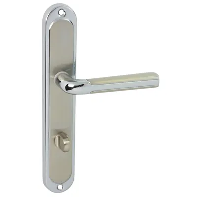 A silver and gray door handle set on a white background.