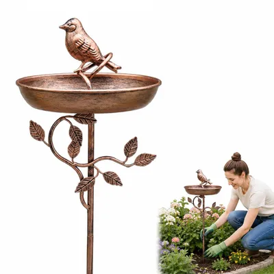 Produktbild von Vogeltränke Garten 2 in 1 Vogelbad & Futterstation aus Metall, wetterfest & rostfrei, 9.5 Zoll Vintage Vogeltränke mit Ständer für Garten & Terrasse