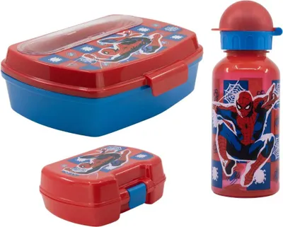 Produktbild von Marvel Spiderman 5 tlg Kinder Set 3 Kammern Brotdose Trinkflasche mini Dose
