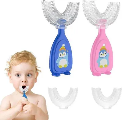 Immagine prodotto di Spazzolino per bambini a forma di U, realizzato a mano, con massaggiatore in silicone, confezione da 2, per bambini dai 2 ai 6 anni