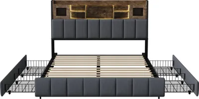 Image de Fortuna Lai Lit capitonné 140x200 cm avec LED & USB, lit double avec 4 tiroirs, tête de lit avec espace de rangement, lin