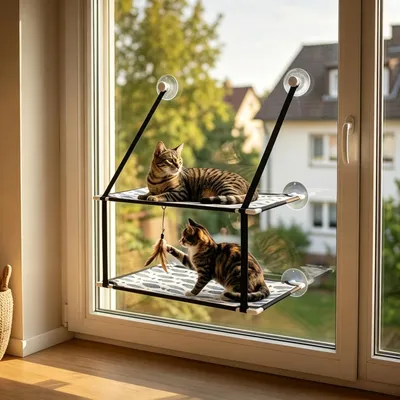 Produktbild von Katzen Fensterliege für Katzen,Katzenbett Fensterbank Doppelte Hängematte Fenster mit 6 stabilen Saugnäpfen, Katzenfensterbett Hängend Saugnäpfen bis 10KG