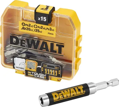 Produktbild von DeWalt DT71511-QZ DT71511-QZ-Set de 16 St. kompakte magnetische Teleskopführung x1, Bits de Schraubendreherbits de 25mm: Ph2, Pz2 x6, Pz3 x3, T20, T25 x2, Single