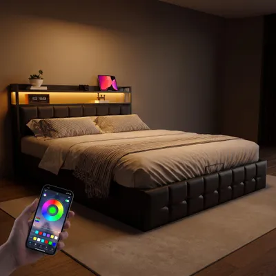 Immagine prodotto di Letto con boxspring INONEFT, 140x190 cm, con LED e USB, letto con sistema di sollevamento idraulico e spazio contenitore, struttura letto imbottita con rete a molle/spazio contenitore, letto matrimoniale, in PU, colore nero