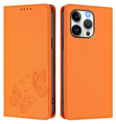 Produktbild von Lederhülle für iPhone 13 Pro, Schmetterling Prägung Leder Brieftasche Schutzhülle mit Ständer Orange