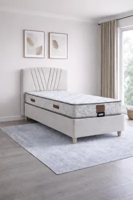 Immagine prodotto di Letto singolo in stile moderno, morbido, color beige, con contenitore