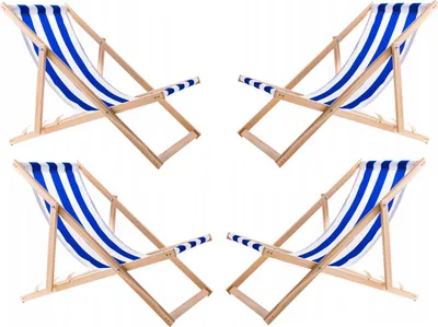 Produktbild von 4 bequeme Liegestühle aus Holz, blau gestreift, ideal für den Strand, Balkon, Terrasse, montiert