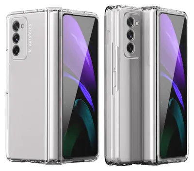 Two transparent phone cases are shown side-by-side, displaying the phones inside.