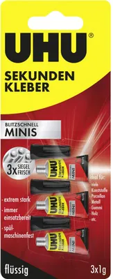 Produktbild von UHU Sekundenkleber blitzschnell Minis 3 g (3 x 1 g), flüssig