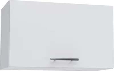 A white kitchen cabinet with a silver handle.