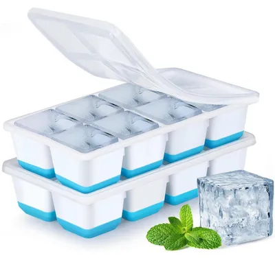 Produktbild von Eiswürfelform Silikon 2er-Pack mit Deckel Blau 16 große Eiswürfel BPA-frei LFGB- stapelbar
