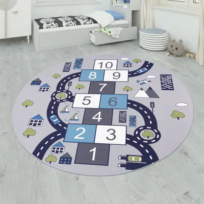 Image de Tapis pour enfants Pour chambre d'enfants, tapis de jeu avec case à sauter et routes, gris Dimensions Ø 200 cm rond
