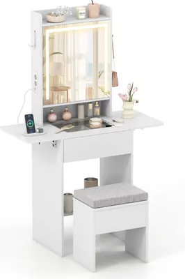 Image de Ensemble de coiffeuse avec miroir LED, tabouret et prises électriques