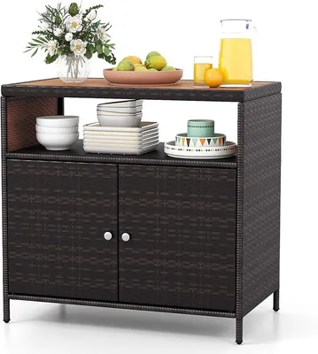 Produktbild von Gartenschrank, Rattan-Buffetschrank Outdoor, Aufbewahrungsschrank mit Arbeitsplatte & Regal, Beistellschrank für Garten, Balkon & Pool, 90 x 53 x 86 cm (Braun)