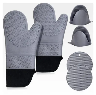 Produktbild von Ofenhandschuhe und Topflappen-Set: Hitzebeständige, extra lange, rutschfeste Backhandschuhe für die Küche