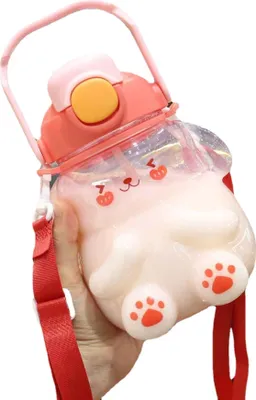 Produktbild von Niedliche Kaninchen-Wasserflasche mit Strohhalm, große Kapazität, Kunststoff-Trinkflasche mit verstellbarem Schultergurt für Camping, Sport, Reisen, Picknick