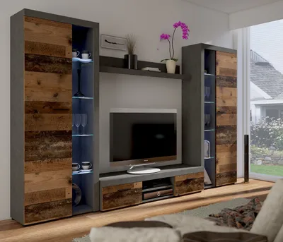 Produktbild von Tkmoebel Schrankwand Wohnwand Rumba XL Anbauwand Wohnkombi Wohnzimmer Breite 300cm Matera Old Wood Style