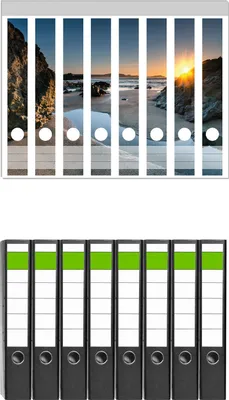 Produktbild von Wallario 8 Stück schmale Ordner inkl. Klebeetiketten mit Motive Sonnenuntergang hinter einem Felsen am Strand -  Set mit Rückenschildern / Ordnerrücken Stickern