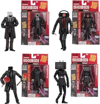 A collage of several Skibidi Toilet action figures in their packaging and displayed individually.
