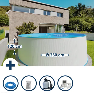 Produktbild von Stahlwandpool Set (6-teilig) hoch rund Malibu 350 x 120 cm, Stahl 0,4 mm weiß Folie 0,4 mm blau