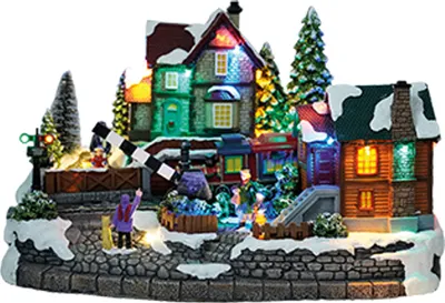 Produktbild von e4fun Weihnachtsdorf Bahnhof mit LED Beleuchtung,Musik,fahrenden Zug,bewegte Schranke inklusive Netzadapter