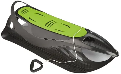 A black and green sled with a white rope and handle, isolated on a white background.