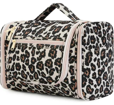 Image de Grande trousse de toilette à suspendre, sac de voyage avec de nombreux compartiments, motif léopard rose