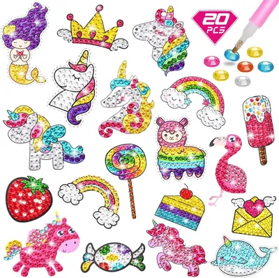 Immagine prodotto di Set di adesivi per diamond painting a tema unicorno e sirena, confezione da 20 pezzi, ideale per attività creative fai-da-te per bambini