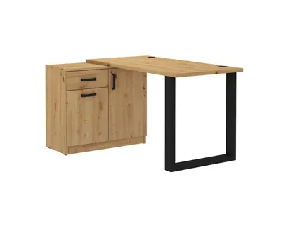 A modern desk with a cabinet and a black metal leg, set against a white background.