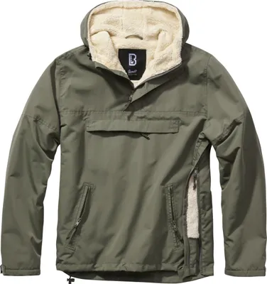 A green hooded windbreaker with a cream sherpa lining is shown against a white background.