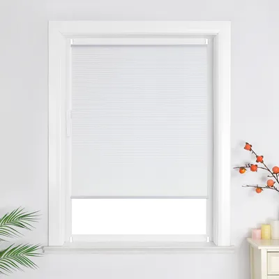A white pleated blind is shown in a white window frame against a white wall. A small decorative branch with orange berries is on the right side of the image, and a green leafy plant is on the left.