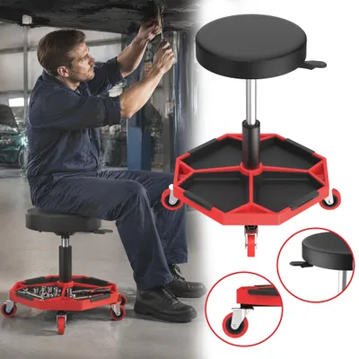 Produktbild von UISEBRT Werkstatthocker höhenverstellbar mit Gasdruckfeder, 150 kg Tragfähigkeit, integrierte Werkzeugablage, 5 Stück 360°‑Universalrollen für Werkstatt, Garage und Lager