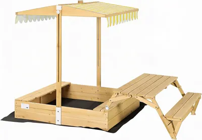 Produktbild von needs&wants® Holz Sandkasten mit Picknicktisch und Dach, Bänken & Abdeckung Kinder Sandkiste mit klappbarem Deckel UV-Sonnenschutz Sandbox quadratisch