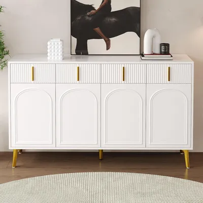 Produktbild von Sideboard mit goldenen Griffen und Beinen, 4 Türen, 4 Schubladen, mit abnehmbarer Laminatbeschichtung, weiß
