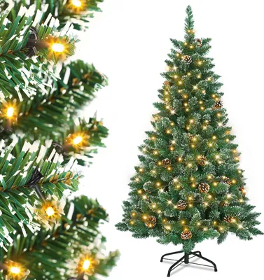 Productafbeelding van UISEBRT Kunstkerstboom met verlichting, 180 cm. LED kerstbomen, dennenboom, decoratieboom met lichtketting en standaard. Groen, PVC met sneeuweffect en dennenappels