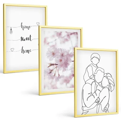Produktbild von Bilder Set 3-teilig im Goldrahmen Rahmen – Wandbilder 3 Stück – gerahmte Poster für Wohnzimmer, Schlafzimmer und Flur – 40x60 cm – Blumenfamilie minimalistisch