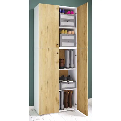 Produktbild von VCM Holz-Schuhschrank | Maße: B. 70 x H. 184 x T. 40 cm | Allzweckschrank | 5 Fächer | 4 Drehtüren - Lona