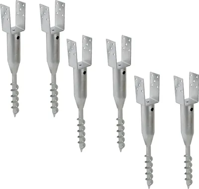 Six metal ground screw anchors with U-shaped brackets are arranged in a grid against a white background.
