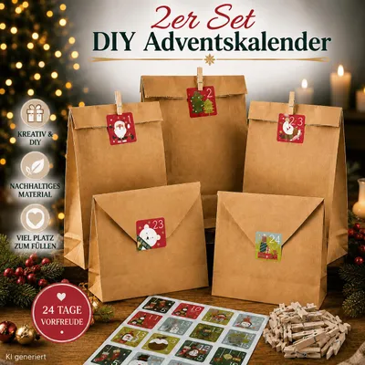 Produktbild von 2 x DIY Adventskalender zum Befüllen 24 Papiertüten Klammern Sticker Weihnachten