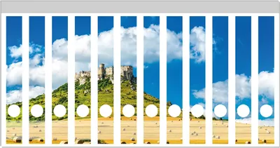 Produktbild von Wallario Ordnerrücken Sticker, selbstklebend für schmale Ordner, 12 Stück, Motiv Alte Burg über Feldern