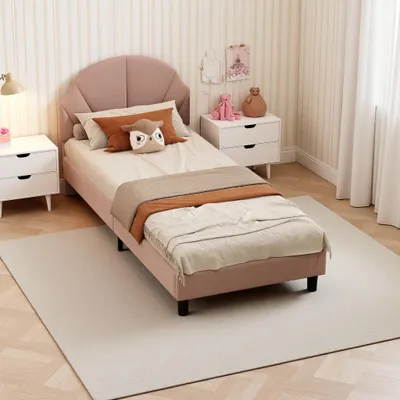 Produktbild von UnboxG Kinder Polsterbett 90x190 cm Rosa Samt, Höhenverstellbares Gepolstertes Kopfteil, Stabiler Metallrahmen, Lattenrost inklusive, Einzelbett Jugendbett Mädchenbett