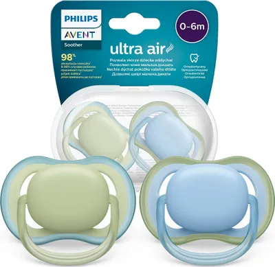 A package containing two Philips Avent Ultra Air pacifiers, one green and one blue.